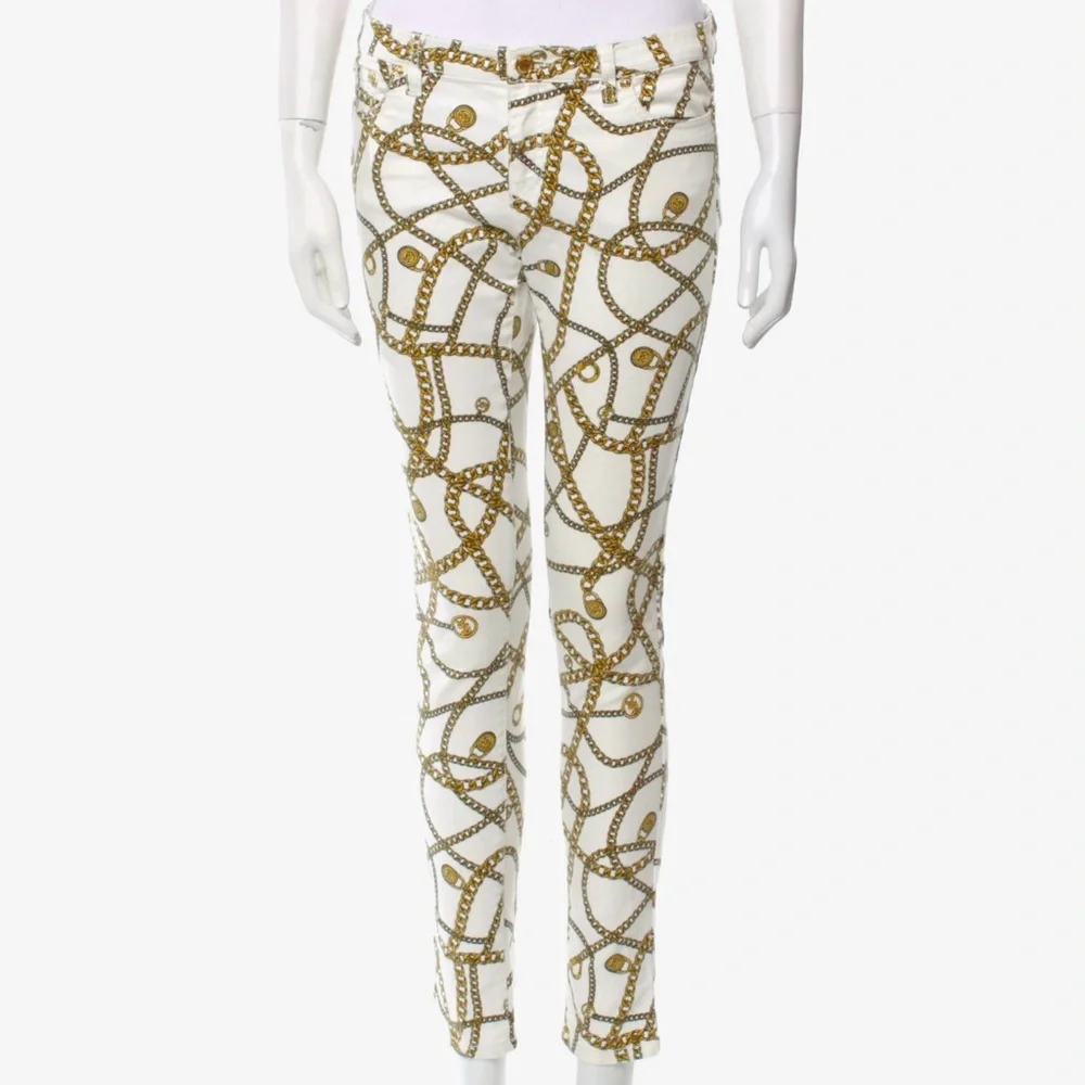 MICHAEL KORS Stretchy White & Gold Chain Print Skinny Pants